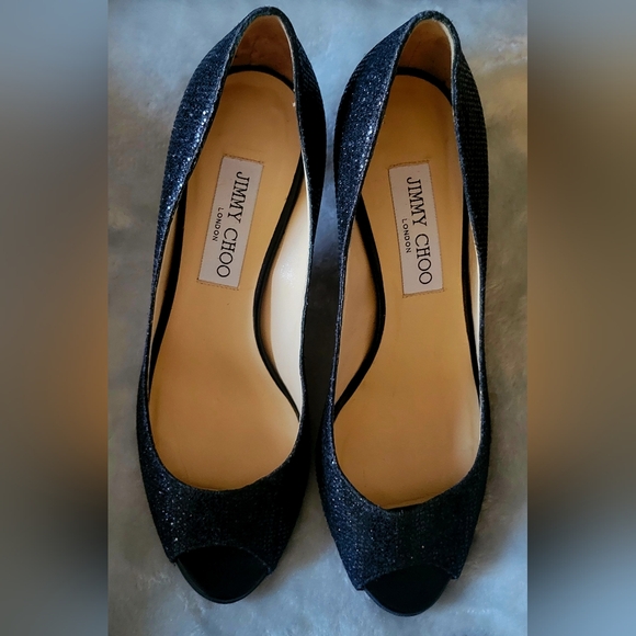 Jimmy Choo Black Sparkle Peep-Toe Heels - Picture 4 of 7